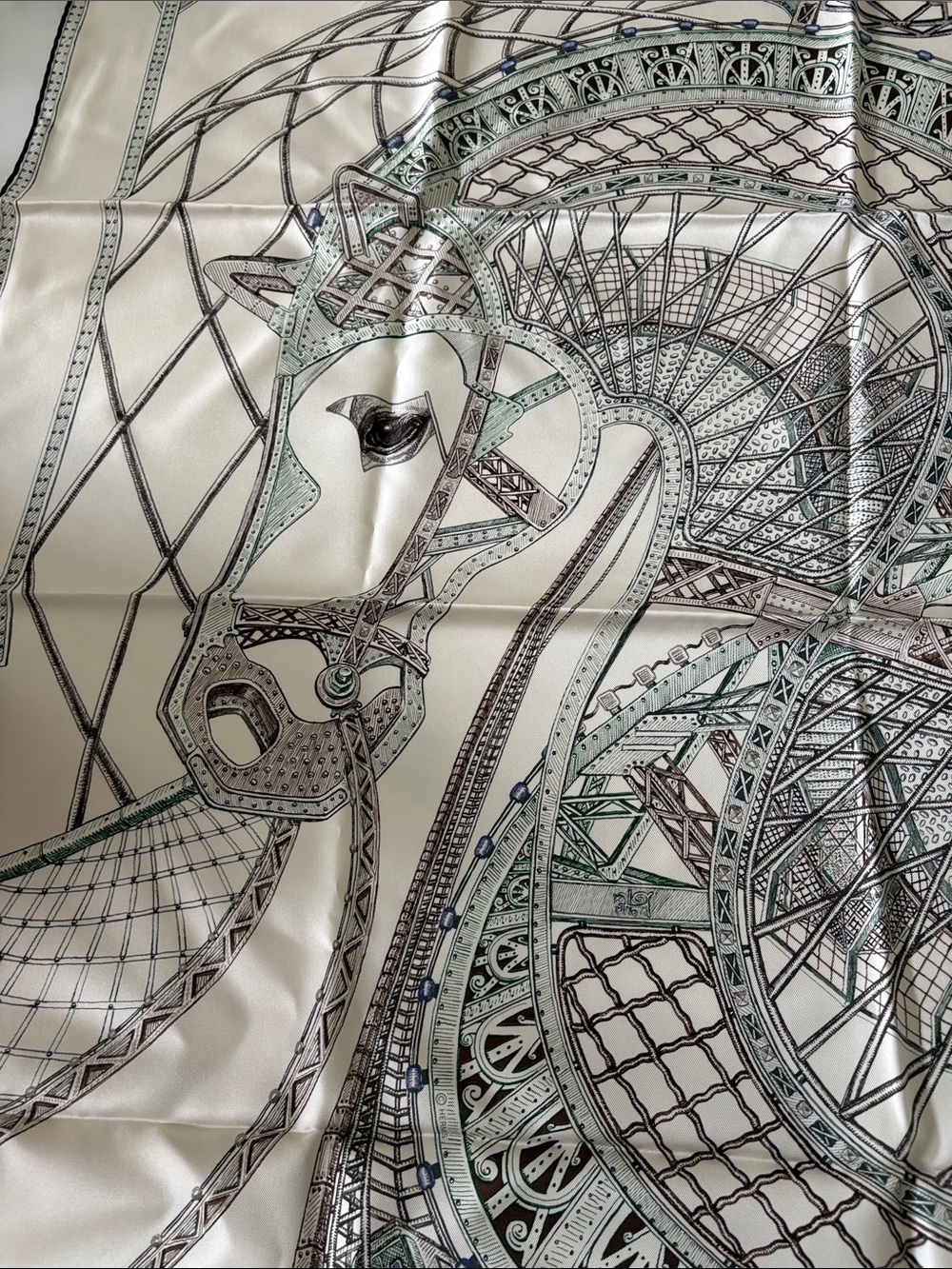 Hermes Ivory, Green & Brown Silk Scarf - Architectural Motif - Picture 6 of 11